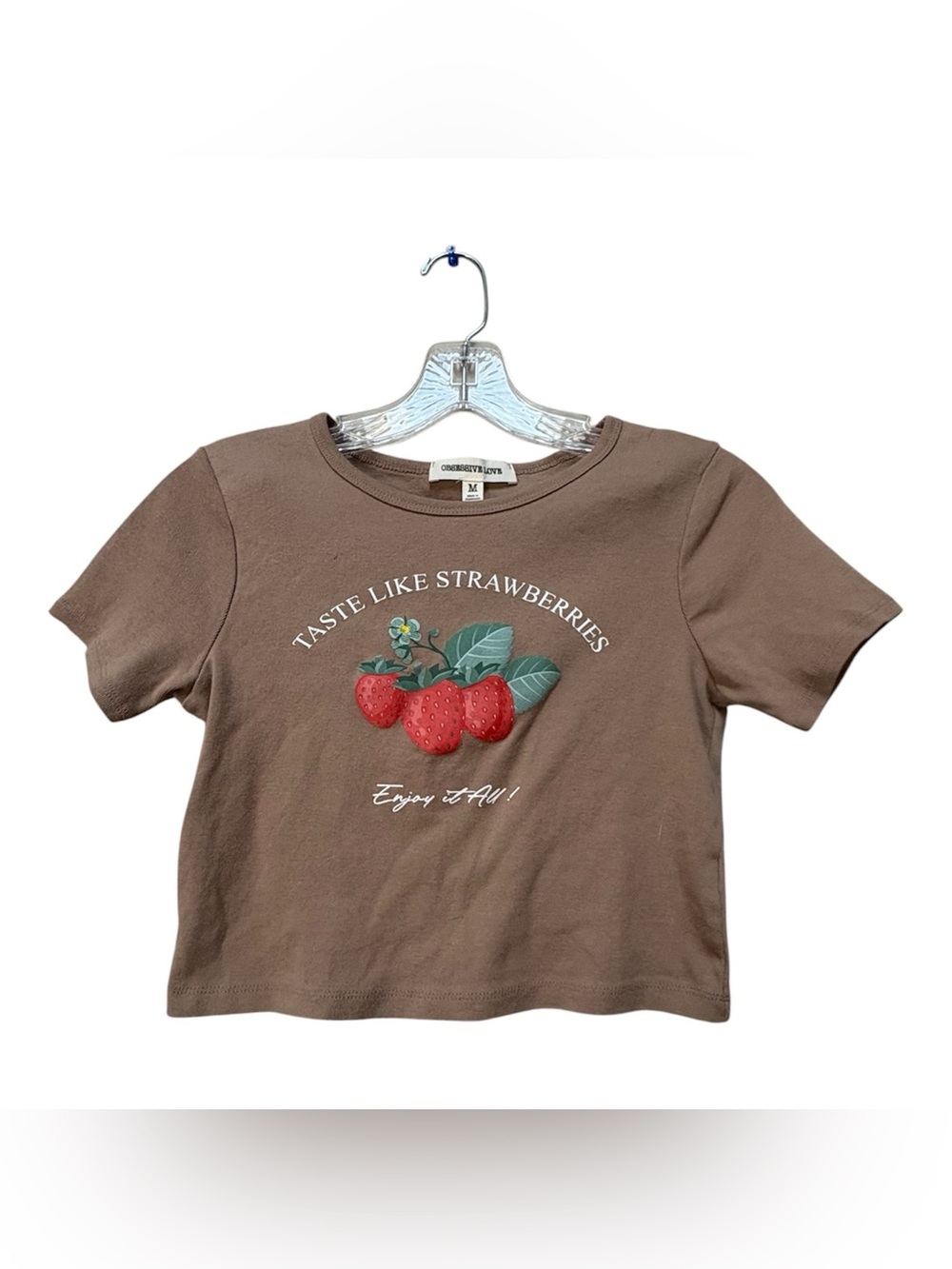 Obsessive Love Strawberry Graphic Crop Tee Juniors M Brown Cottagecore